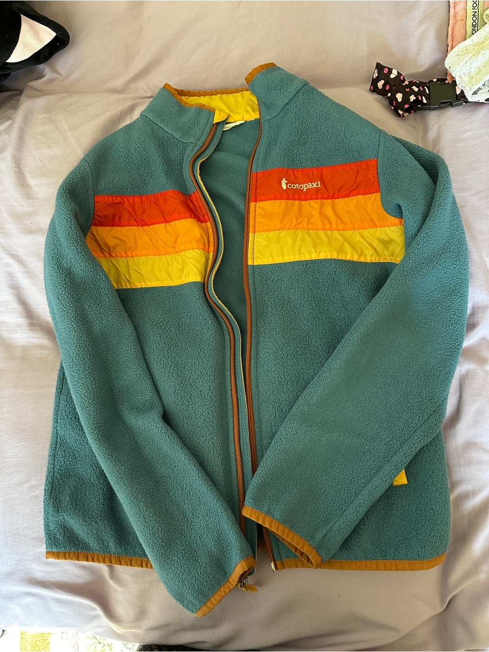 cotopaxi Teal Kids Fleece Jacket with Orange & Yellow Stripes